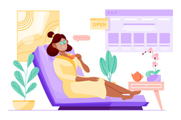Spa salon purple concept with people scene in the flat cartoon design. Woman is relaxing in a spa salon after hard work day.