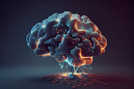 A computer generated image of a brain exploding into pieces of glass and liquid on a dark background cinema 4 d a 3d render generative art