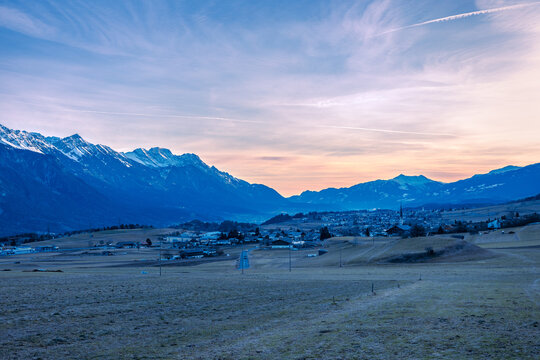 Panoramic view of village of Axams with Inn valley in sunrise, Axams, Tirol, Austria