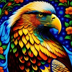 Obraz premium Eagle with blue seamless flowers background, created with Generative AI technology