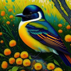 Eastern kingbird perched on a stump, surrounded with flowers. created with Generative AI technology
