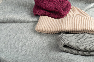 Fototapeta na wymiar Winter Hats Set, Knitted Winter Clothes, Grey Woolen Hat