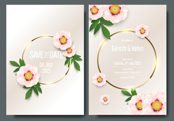 Floral wedding invitation card template design, white peony flower with leaves and golden circle logo frame. Gold round frame, flower, green leaf on creamy background. Greeting card, invitation