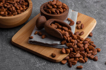 Pine nuts shelled and peeled. Сedar nuts. Toasted Organic Healthy Food.