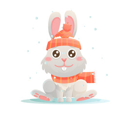 Winter bunny characters. Cute cartoon rabbit playing in winter forest. Snow, hat, scarf.