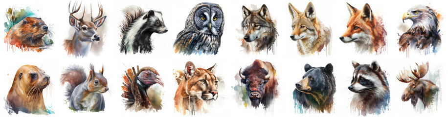 North America animals set painted with watercolors on a white background in realistic manner. Created by AI - obrazy, fototapety, plakaty