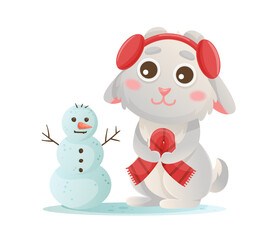 Winter bunny characters. Cute cartoon rabbit playing in winter forest. Snowman, hat, scarf.