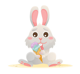 Bunny character on beach. Vacation illustration for summer sea holidays. Cute rabbit sitting and eating ice cream