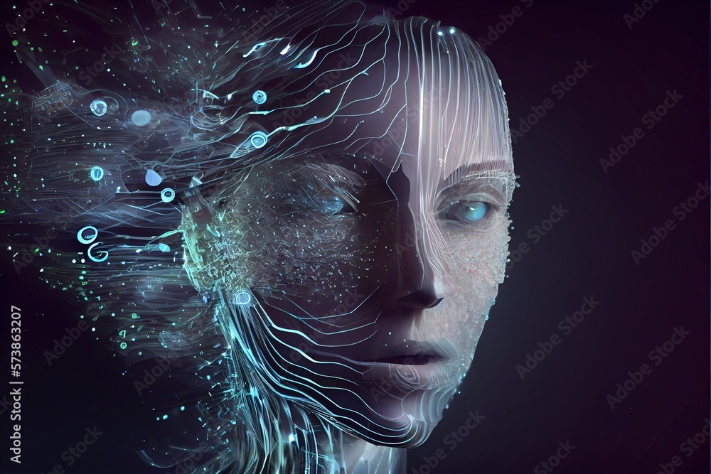 Poster a woman's face with a futuristic design on it's face and a blue background ai enhanced a computer re