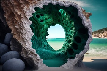 giant malachite geode on a beach, generative AI - obrazy, fototapety, plakaty