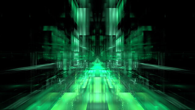 Digital interior building portal podium. Hi tech Abstract data center server tonel. Business technology blurred Polygonal geometric digital cyberpunk space, color light. 3D render