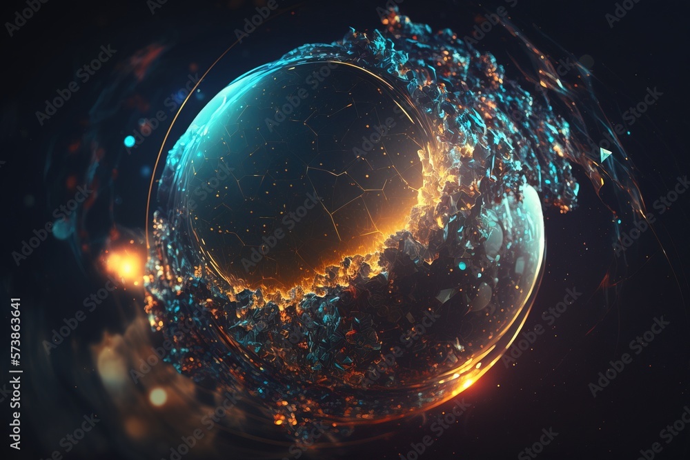 Poster a computer generated image of a planet with a blue and yellow center surrounded by smaller blue and 