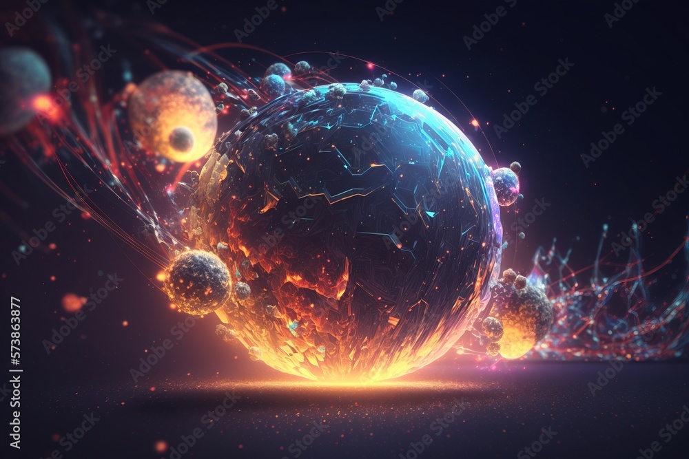 Poster a computer generated image of a sphere with many smaller balls surrounding it in a dark background p