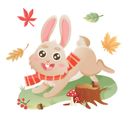 Obraz na płótnie Canvas Autumn bunny character. Cute cartoon rabbit runnung in autumn forest. Autumn leaves, mushrooms, acorns, fly agaric.