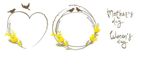 Frames for Mothers Day or International women's day. Vector illustration, postcard. Willow and blooming mimosa.