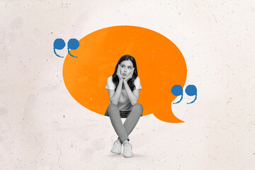 Composite collage illustration of mini black white effect girl sit inside big dialogue conversation...