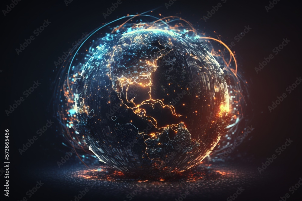 Poster a glowing earth globe with a dark background and a blue and yellow light around it redshift render a