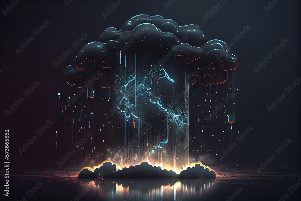 Poster a digital painting of a cloud with a lightning coming out of it and rain falling down thunderstorm a