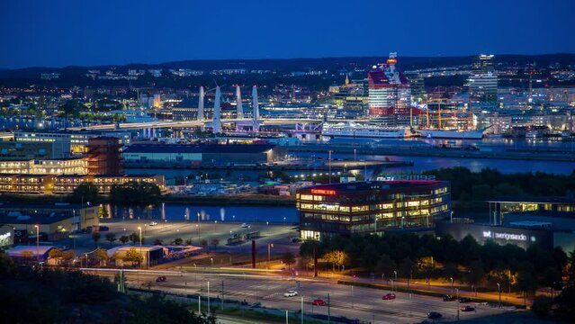 Gothenburg urban cityscape, Aerial skyline night illumination timelapse