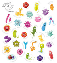 Vector illustration set of 30 viruses and bacteria characters in cartoon style isolated on white background - 573865810