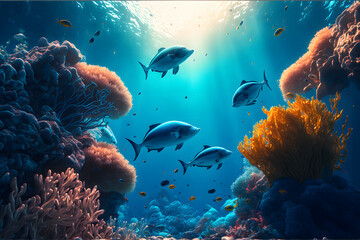 Aqua scene with corals and many fish on blue underwater background. Neural network AI generated art