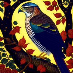 Sharp-shinned hawk on a branch with flowers, abstract background, created with Generative AI technology
