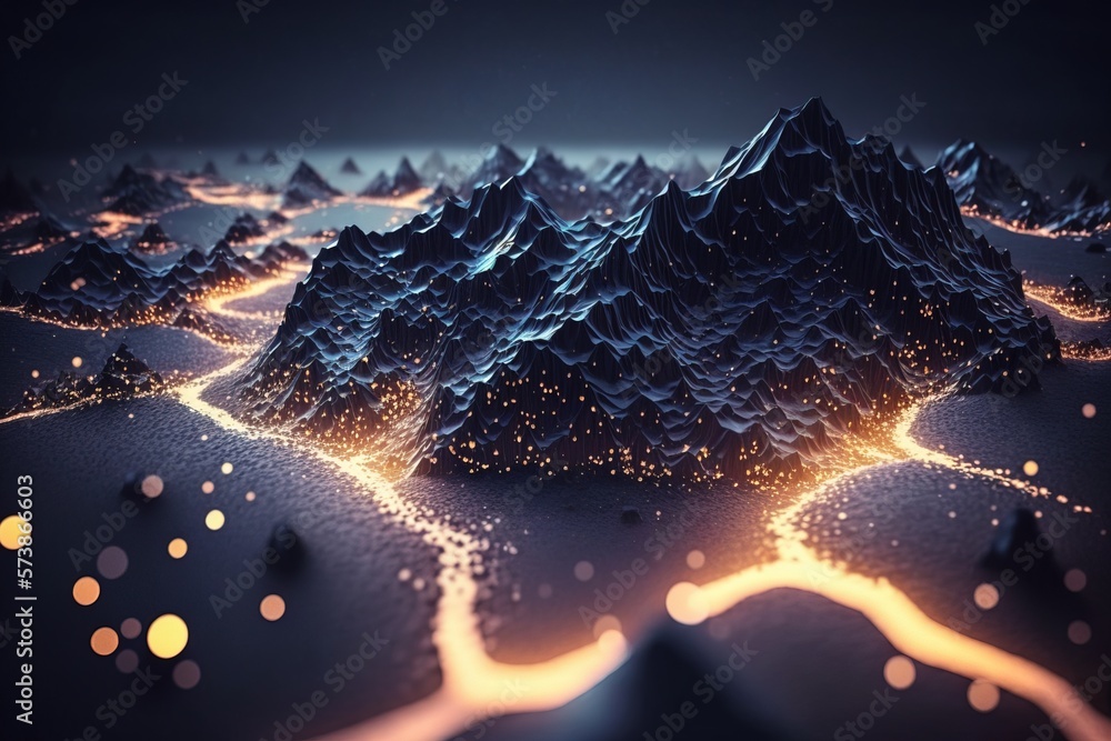 Poster a computer generated image of a mountain range with a glowing trail in the middle of it volumetric l
