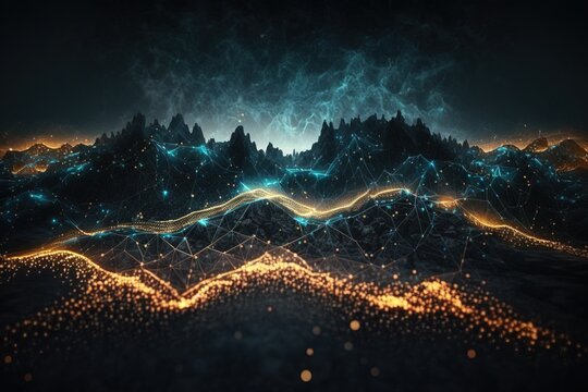 A Digital Painting Of A Mountain Range With A Glowing Trail Of Lights In The Distance Volumetric Lights A Detailed Matte Painting Generative Art