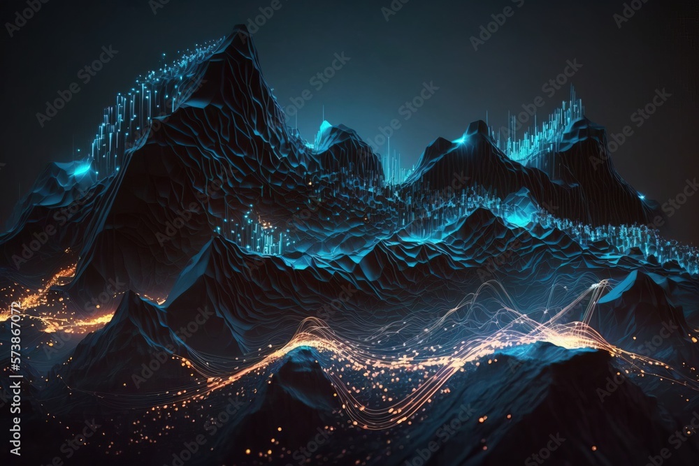 Poster a computer generated image of a mountain range with a city at night in the distance volumetric light