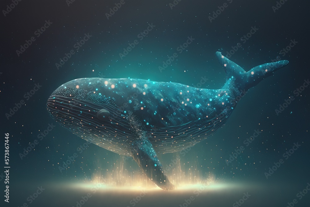 Poster a whale is floating in the water with bubbles and stars around it's head ultra realistic digital art