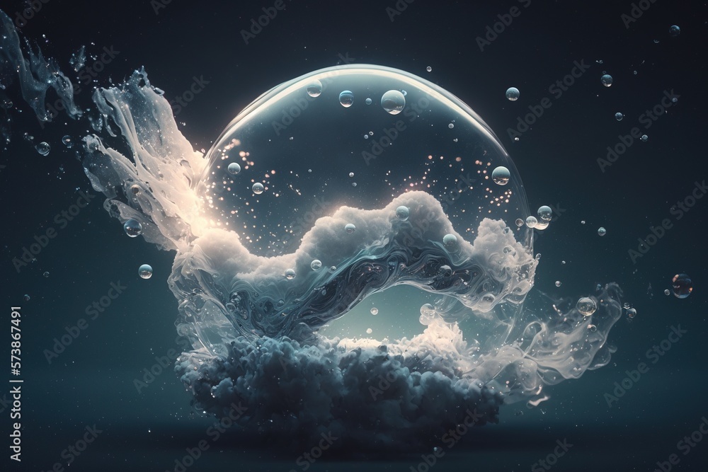Poster a sphere with bubbles floating in it and a dark background with a blue sky and clouds octane rendere