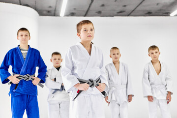 Fototapeta na wymiar Portrait of boys, children in kimono. judo, jiu-jitsu athletes posing with serious facial expression. Concept of martial arts, combat sport, sport education, childhood, hobby