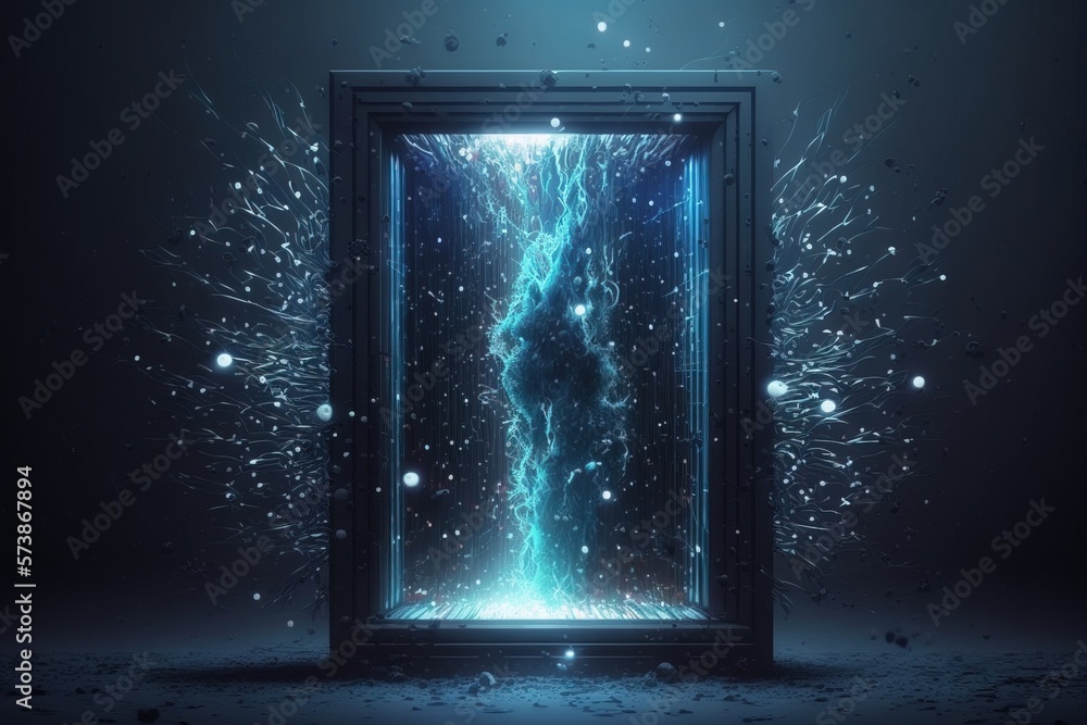 Poster a door with a light coming out of it and fireworks coming out of it in the background unreal 5 a hol