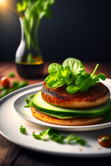 Juicy, tasty burger with cucumber and lettuce. Created with generative AI