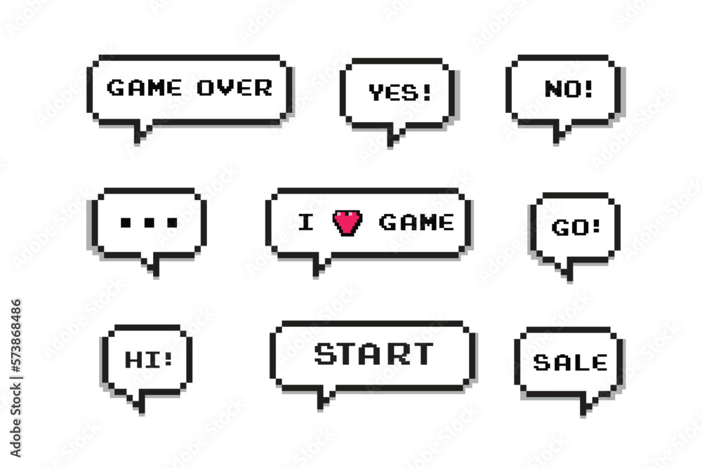 Poster pixel art 8-bit speech bubbles with text.