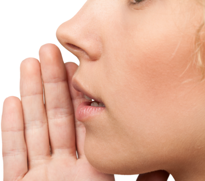 Close up portrait of a smiling skin care woman whispers (tells) a gossip. - Powered by Adobe