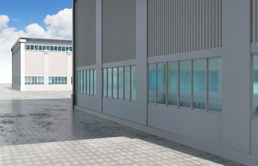 Industrial building. Factory hangar exterior. Facade of warehouse buildings with and blue sky. Industrial area on sunny day. Concept of renting industrial premises. Minimalistic hangars. 3d image.