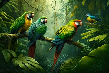 Tropical Jungle Rainforest with parrots and green nature - AI Generative Illustration. 