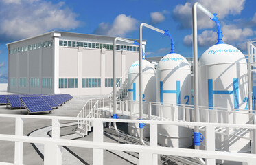 Hydrogen energy. Eco-power plant in Industrial zone. Solar panels under blue sky. H2 hydrogen storage tanks. Green energy. Getting electricity from hydrogen. Regenerative sustainable energy. 3d image