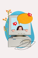 Vertical collage image of interested girl inside vintage pc monitor like notification dialogue...