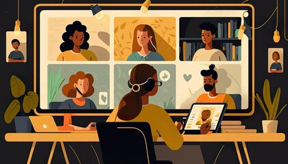 People working on a computer with Colleagues discuss work tasks in a group chat at online meetings and illustrations of remote working and virtual team cartoon design concepts. generative ai.