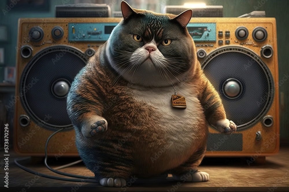 Poster a cat is standing on a table with a boombox in the background and a speaker in the foreground cgstud