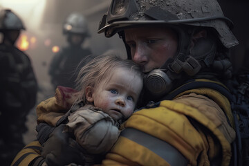 Emotional image of a volunteer firefighter tenderly holding a baby rescued from an earthquake. Concept of solidarity and humanitarian aid against natural disasters. AI generated art - obrazy, fototapety, plakaty