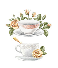 Watercolor set with two vintage antique cups on saucer and bouquets with roses and foliage isolated on white background. Hand drawn illustration sketch