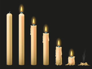 Set of candles on a dark background. From unlit to burnt out.