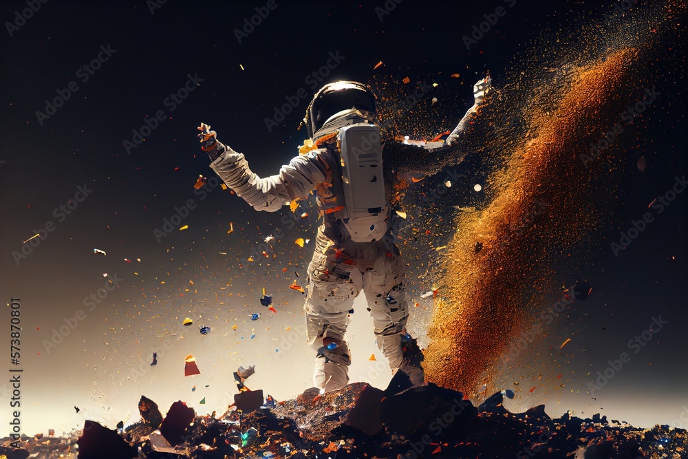 Poster a man in a space suit standing on a pile of debris with his arms in the air redshift render an ambie