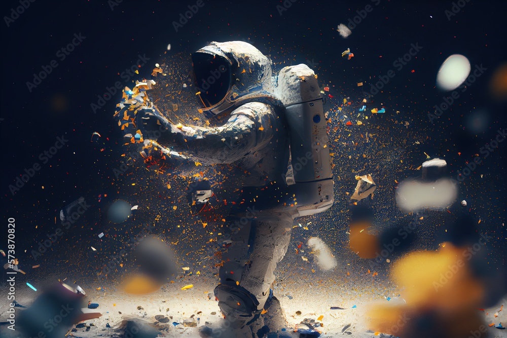 Poster a spaceman in a space suit with a bunch of confetti around him redshift render an ambient occlusion 
