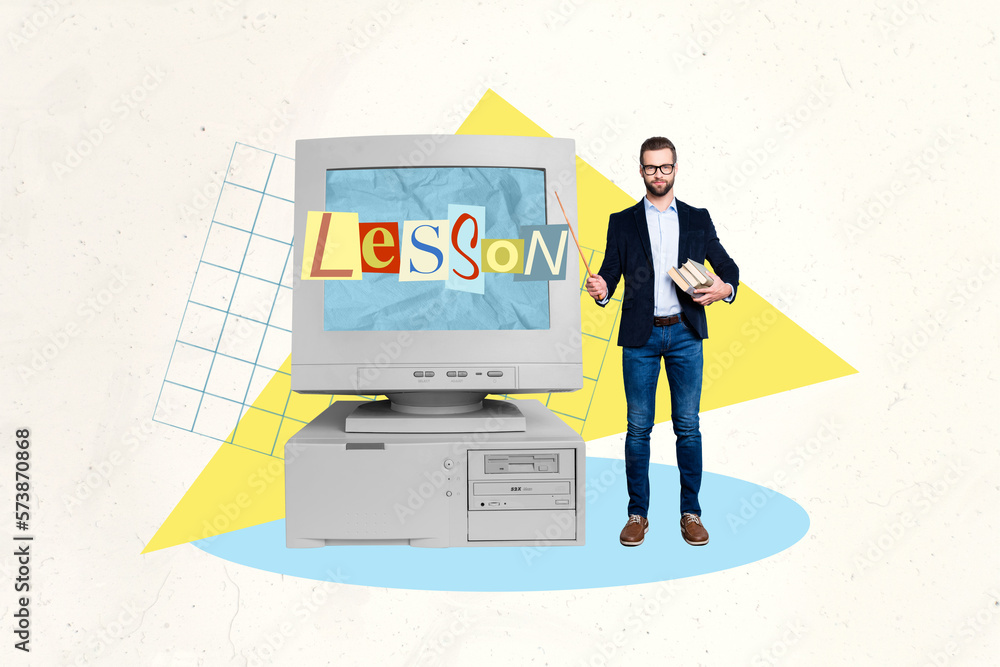 Poster creative collage picture of teacher man hold pointer pile stack book demonstrate big computer screen