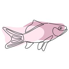 Fish drawn in one line on white with pink spots of paint. Underwater animal. Design for logo, tattoo.