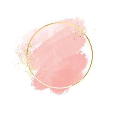 Pastel Rose Or Pink Watercolor Brush Stroke Splash With Luxury Golden Square Or Circle Frame And Glitter Gold Lines Round Contour Frame For Banner Or Logo Wedding Elements, Png File